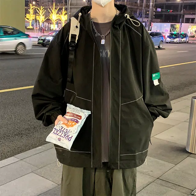 洋气先生 美式潮牌撞色拼接带帽开衫设计痞帅长袖上衣休闲舒适防风保暖耐磨日常通勤户外徒步无性别主义简约百搭连帽工装外套夹克 男女同款