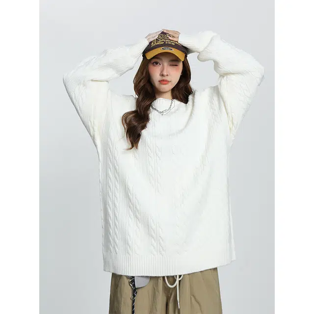 洋气先生 美式潮牌洋气纯色软糯宽松舒适保暖麻花纹理设计圆领上衣无性别主义简约大方日常通勤潮流甜美休闲时尚百搭针织衫 男女同款