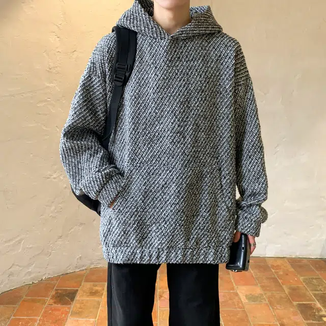 洋气先生 美式复古高街潮牌粗花斜纹设计感宽松百搭休闲小香风纹理感编织长袖套头痞帅日常户外运动连帽上衣春秋季卫衣 男女同款
