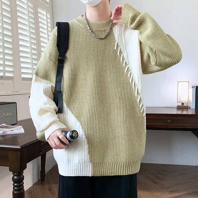 洋气先生 美式高街潮牌撞色拼接小众设计无性别主义潮流慵懒感个性卫衣日常通勤微阔圆领套头长袖简约休闲时尚百搭针织衫 男女同款