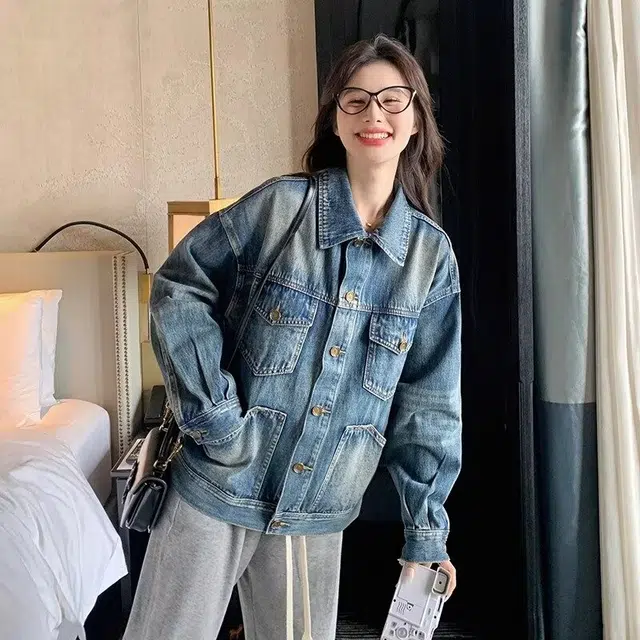 洋气先生 美式复古高街简约纯色潮牌慵懒风重磅落肩款休闲长袖潮流居家宽松舒适亲肤户外运动时尚百搭水洗做旧多口袋上衣牛仔外套 男女同款