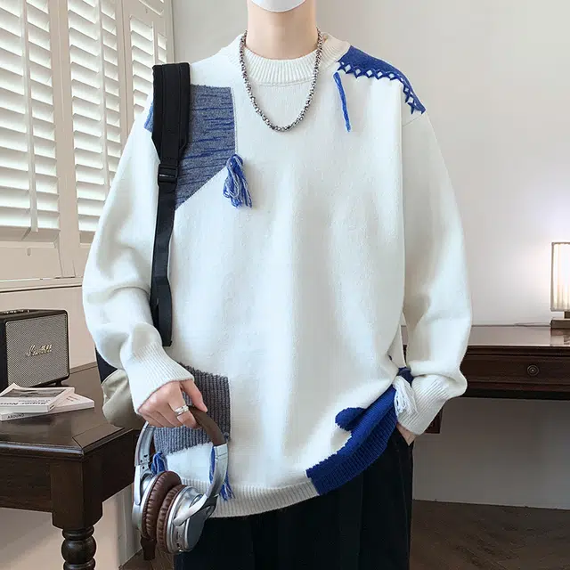 洋气先生 美式高街潮牌撞色拼接小众设计无性别主义纯色潮流慵懒感卫衣日常通勤微阔圆领套头长袖简约休闲时尚百搭针织衫 男女同款