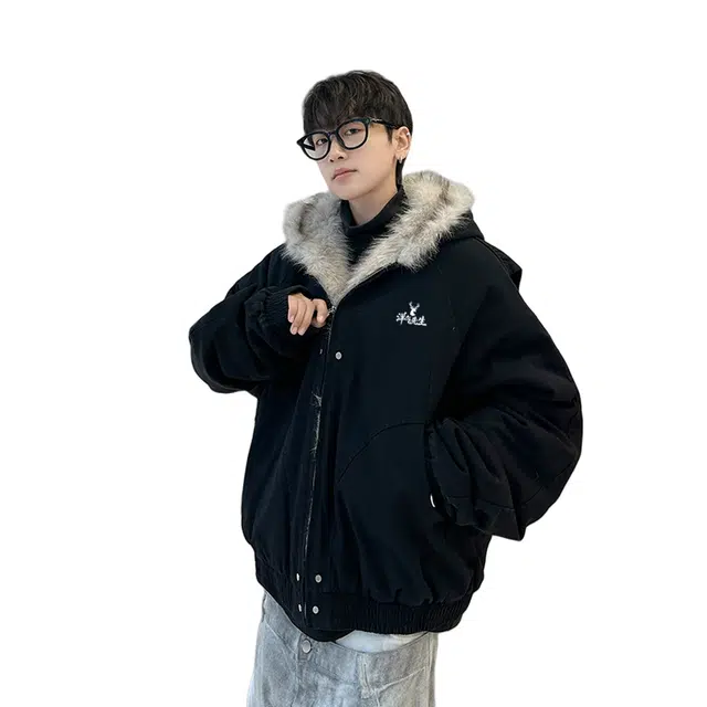 洋气先生 美式复古高街潮牌时尚潮流简约无性别主义日常通勤户外宽松舒适保暖连帽座山雕酷帅开衫休闲百搭上衣外套棉服 男女同款