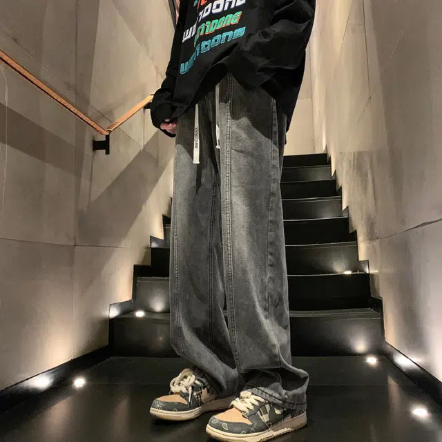 洋气先生 美式复古高街纯色水洗做旧磨白废土风宽松中腰松紧抽绳系带弹力直筒百搭阔腿无性别主义日常通勤运动休闲牛仔裤 男女同款