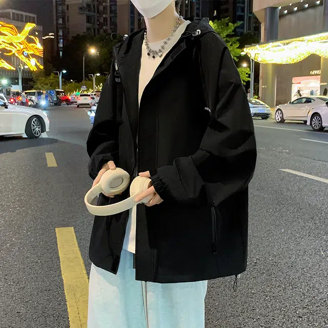 洋气先生 美式复古潮牌轻奢字母印花连帽拉链设计纯色长袖休闲舒适防风山系户外通勤徒步无性别主义简约百搭工装冲锋外套夹克 男女同款