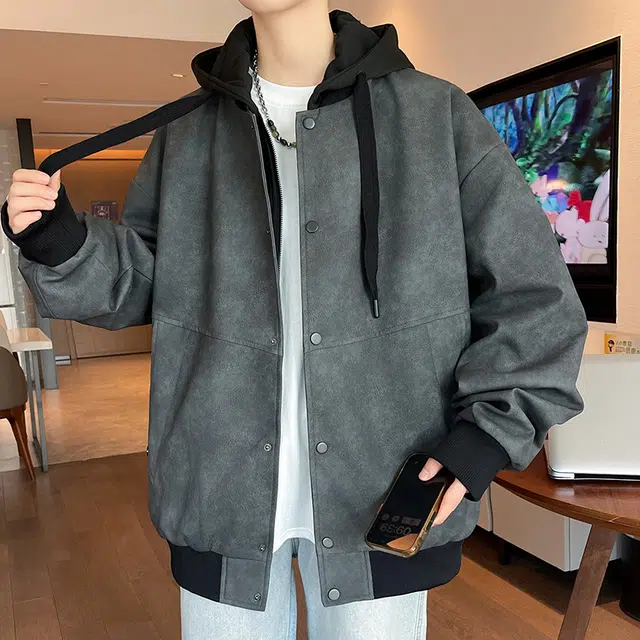 洋气先生 美式复古潮流做旧假两件设计连帽拉链长袖宽松休闲舒适保暖防风日常户外通勤徒步无性别主义简约百搭皮衣外套夹克 男女同款