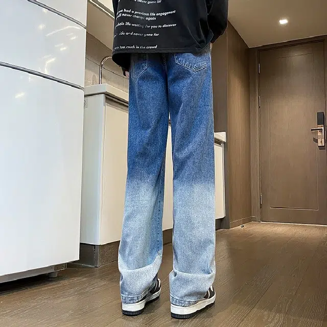 洋气先生 美式高街复古宽松直筒休闲个性裤子百搭水洗做旧渐变色潮流港风潮牌基础松紧腰抽绳系带适中阔腿牛仔裤 男女同款