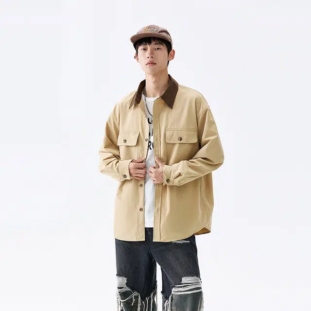 洋气先生 美式复古潮牌衣领撞色中性风设计无性别主义防泼水轻防污易去污日常通勤徒步休闲宽松百搭单排扣翻领长袖开衫上衣衬衫 男女同款