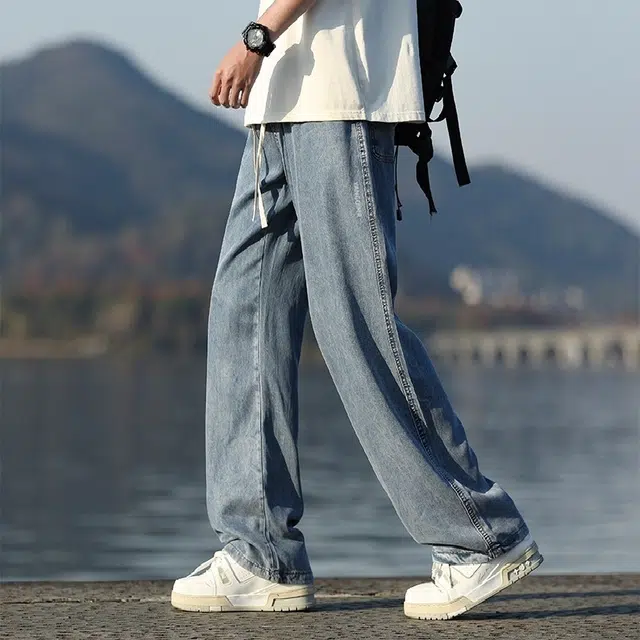 洋气先生 美式高街复古纯色水洗做旧宽松休闲直筒松紧腰抽绳系带透气中腰基础款显瘦垂感简约百搭舒适潮流显高阔腿牛仔裤 男女同款
