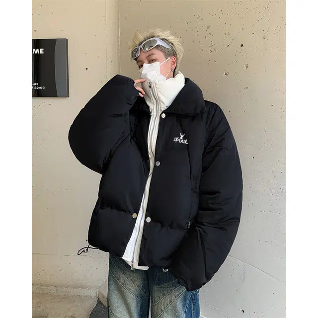 洋气先生 美式复古潮牌高街假两件设计无性别主义宽松舒适保暖立领开衫拉链日常通勤户外防风休闲简约时尚潮流百搭上衣外套棉服 男女同款