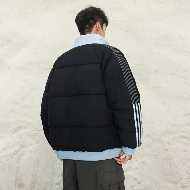 洋气先生 美式高街复古简约纯色基础款拼接肩袖条纹无性别主义加厚保暖宽松柔软潮流棉衣日常通勤百搭潮牌休闲长袖立领棉服 男女同款