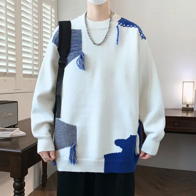 洋气先生 美式高街潮牌撞色拼接小众设计无性别主义纯色潮流慵懒感卫衣日常通勤微阔圆领套头长袖简约休闲时尚百搭针织衫 男女同款