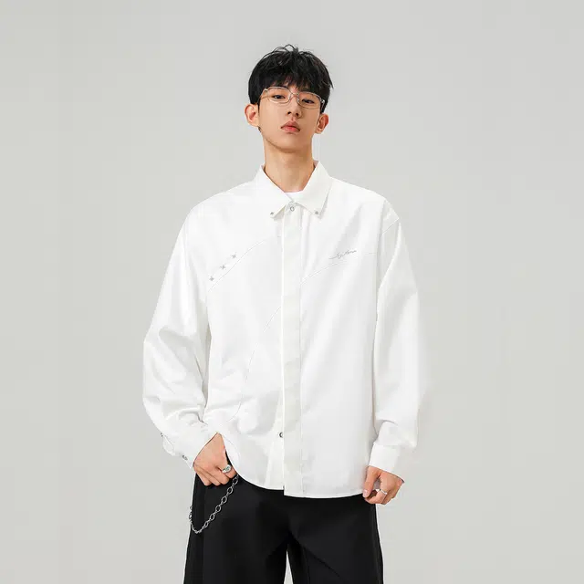 洋气先生 美式纯色简约时尚潮流气质百搭星星点缀立体裁剪小众高级感文艺风日常休闲宽松舒适慵懒氛围感开衫单排扣外套衬衫 男女同款