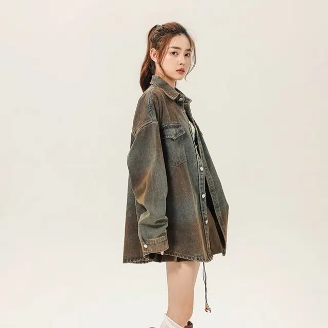 洋气先生 美式复古高街简约纯色潮牌慵懒风重磅落肩款休闲长袖潮流居家宽松舒适亲肤户外运动时尚百搭水洗做旧脏脏衣牛仔外套 男女同款