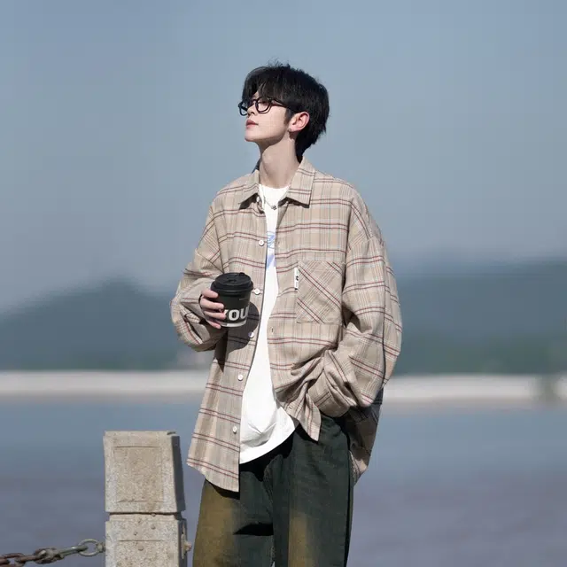洋气先生 美式复古简约高级感时尚潮流气质百搭经典格纹文艺风日常休闲宽松舒适慵懒氛围感开衫单排扣翻领长袖外套衬衫 男女同款