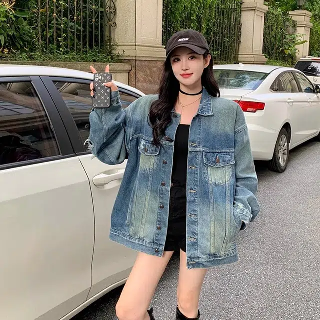 洋气先生 美式复古高街简约纯色潮牌慵懒风破洞设计感重磅休闲长袖潮流居家宽松舒适亲肤户外运动时尚百搭水洗做旧上衣牛仔外套 男女同款