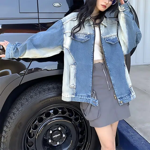洋气先生 美式复古高街简约基础拼色潮牌慵懒风重磅休闲长袖潮流居家宽松舒适亲肤户外运动时尚百搭水洗做旧上衣牛仔外套 男女同款