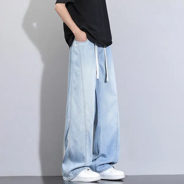洋气先生 美式休闲潮流裁接线贯穿设计感显高显瘦显腿长系带抽绳宽松弹力柔软亲肤百搭废土风高级感日常出行垂感牛仔裤 男女同款