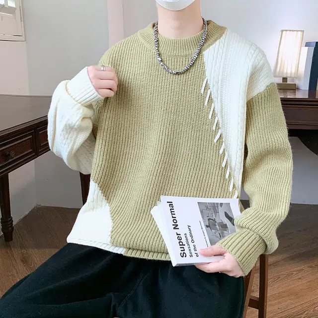 洋气先生 美式高街潮牌撞色拼接小众设计无性别主义潮流慵懒感个性卫衣日常通勤微阔圆领套头长袖简约休闲时尚百搭针织衫 男女同款