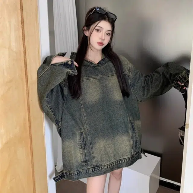 洋气先生 美式复古高街简约纯色潮牌慵懒风重磅休闲长袖潮流居家宽松舒适亲肤户外运动时尚百搭水洗做旧连帽牛仔外套 男女同款