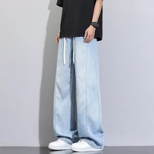 洋气先生 美式休闲潮流裁接线贯穿设计感显高显瘦显腿长系带抽绳宽松弹力柔软亲肤百搭废土风高级感日常出行垂感牛仔裤 男女同款