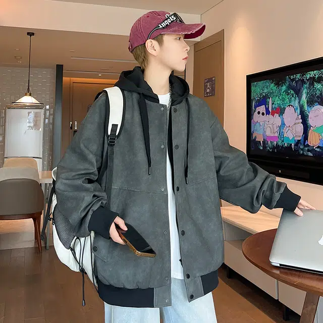 洋气先生 美式复古潮流做旧假两件设计连帽拉链长袖宽松休闲舒适保暖防风日常户外通勤徒步无性别主义简约百搭皮衣外套夹克 男女同款