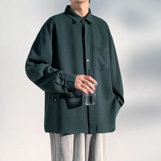 洋气先生 美式复古高街立体竖条纹肌理感简约纯色时尚潮流气质百搭小众高级感日常休闲宽松舒适慵懒氛围感开衫单排扣外套衬衫 男女同款