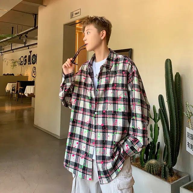 洋气先生 美式纯色简约时尚格纹斑点潮流气质百搭小众高级感文艺风日常休闲宽松舒适慵懒氛围感开衫单排扣翻领外套衬衫 男女同款