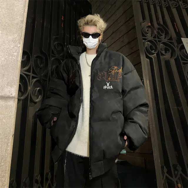 洋气先生 美式复古潮牌高街字母印花设计无性别主义宽松舒适保暖立领开衫拉链日常通勤户外防风休闲简约时尚潮流百搭上衣外套棉服 男女同款