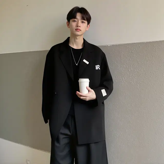 洋气先生 美式复古简约纯色商务休闲时尚百搭小众高级感潮流帅气日常基础款宽松落肩长袖单排扣英伦风轻奢无性别主义外套西装 男女同款