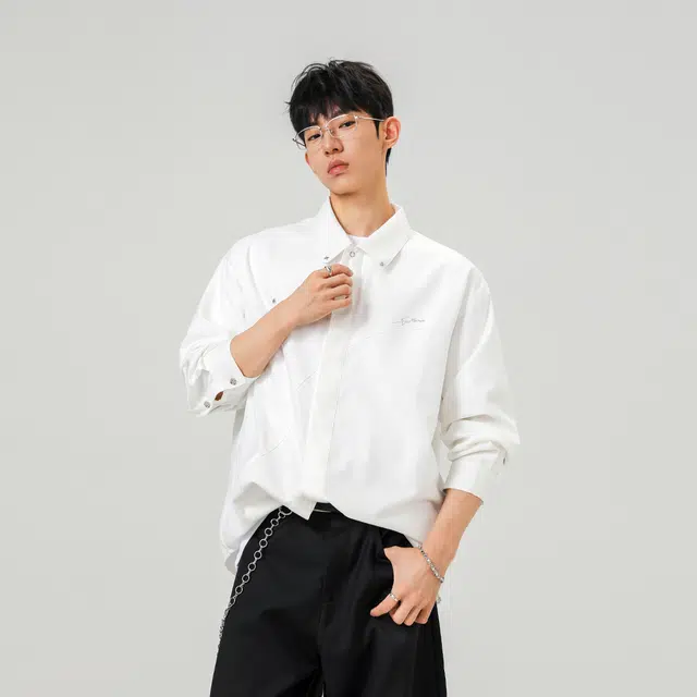 洋气先生 美式纯色简约时尚潮流气质百搭星星点缀立体裁剪小众高级感文艺风日常休闲宽松舒适慵懒氛围感开衫单排扣外套衬衫 男女同款