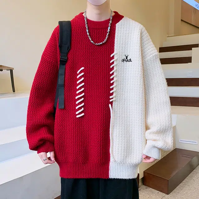洋气先生 美式高街潮牌撞色拼接绣绳小众设计无性别主义潮流慵懒感个性卫衣日常通勤微阔圆领套头长袖简约休闲时尚百搭针织衫 男女同款