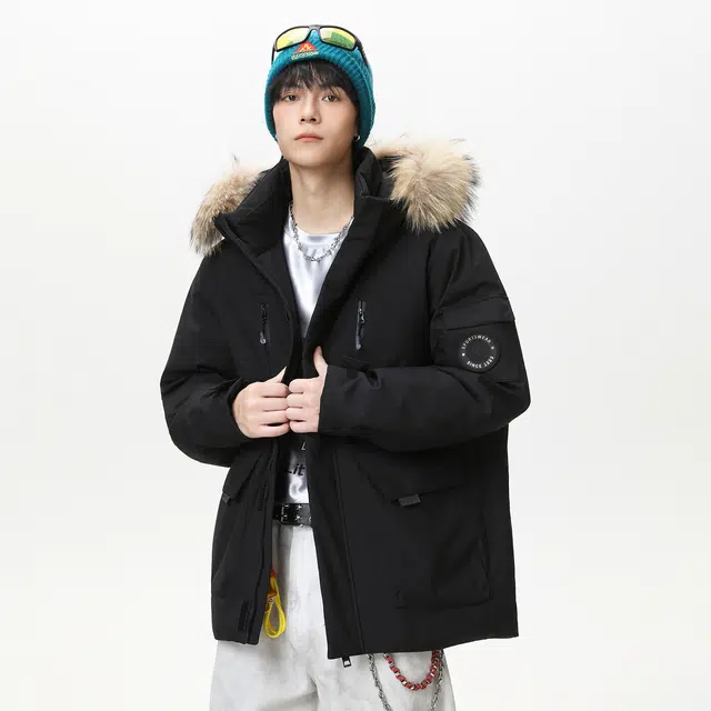 洋气先生 美式高街潮牌户外日常通勤纯色拉链口袋工装无性别主义防风保暖连帽面包服简约潮流时尚百搭上衣外套羽绒服 男女同款