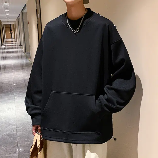 洋气先生 美式复古高街时尚潮流百搭学院风假两件日常通勤休闲简约纯色基础款潮牌透气舒适柔软慵懒氛围感圆领套头卫衣 男女同款