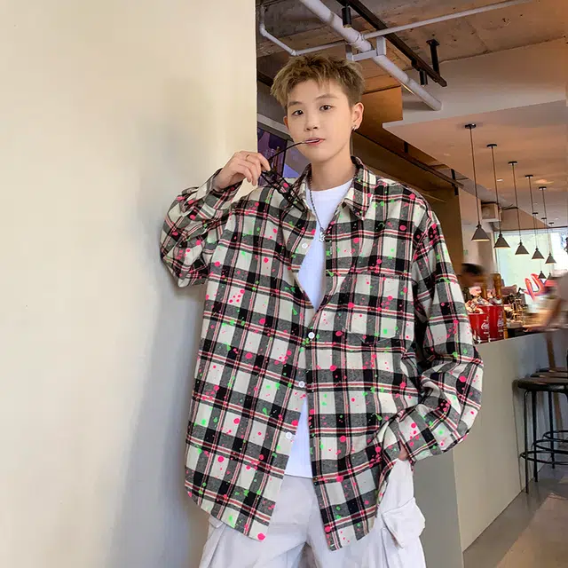 洋气先生 美式纯色简约时尚格纹斑点潮流气质百搭小众高级感文艺风日常休闲宽松舒适慵懒氛围感开衫单排扣翻领外套衬衫 男女同款