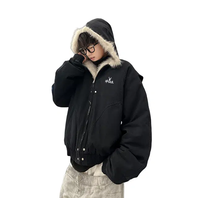 洋气先生 美式复古高街潮牌时尚潮流简约无性别主义日常通勤户外宽松舒适保暖连帽座山雕酷帅开衫休闲百搭上衣外套棉服 男女同款