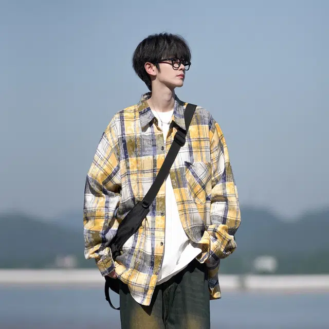 洋气先生 美式复古简约高级感时尚潮流气质百搭条纹花格扎染渐变文艺风日常休闲宽松舒适慵懒氛围感开衫单排扣翻领长袖外套衬衫 男女同款