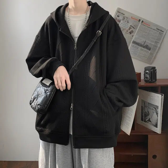 洋气先生 美式高街复古简约纯色文艺高级感落肩袖麻花纹肌理感满印大码外套重磅垂感宽松休闲时尚百搭小众中性风开衫连帽舒适卫衣 男女同款