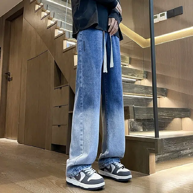 洋气先生 美式高街复古宽松直筒休闲个性裤子百搭水洗做旧渐变色潮流港风潮牌基础松紧腰抽绳系带适中阔腿牛仔裤 男女同款