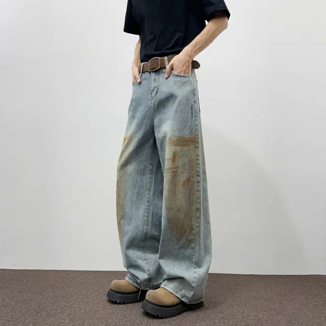 洋气先生 美式复古高街学院风个性水洗做旧设计脏脏款中腰休闲长裤宽松显高显瘦时尚百搭简约直筒阔腿拖地日常穿搭牛仔裤 男女同款