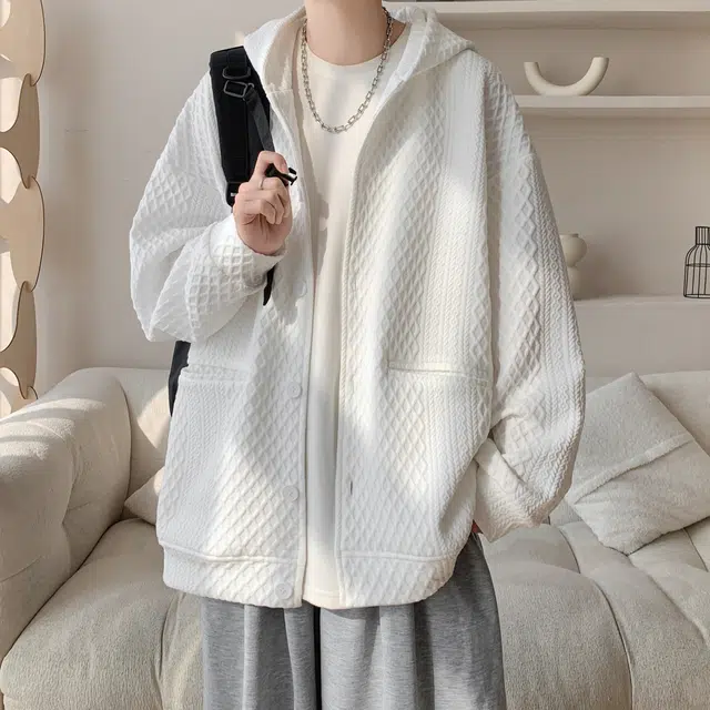洋气先生 开衫纯色设计感麻花纹休闲宽松潮牌美式高街基础款重磅连帽外套运动日常通勤上衣百搭舒适学院风简约经典单排扣卫衣 男女同款