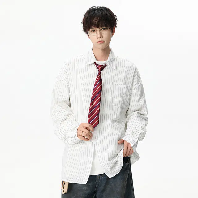 洋气先生 潮牌高街复古简约纯色高级感条纹设计无性别主义学院风上衣基础百搭时尚舒适潮流随性慵懒宽松落肩翻领休闲长袖衬衫 男女同款