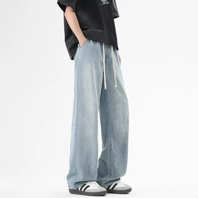 洋气先生 美式复古高街学院风无性别主义显高显瘦透气舒适垂感弹力直筒中腰抽绳松紧系带百搭潮牌运动通勤宽松牛仔裤 男女同款
