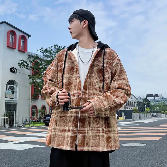 洋气先生 美式复古高街连帽做旧扎染格纹时尚潮流气质百搭小众高级感日常休闲宽松舒适潮牌慵懒氛围感开衫单排扣外套衬衫 男女同款