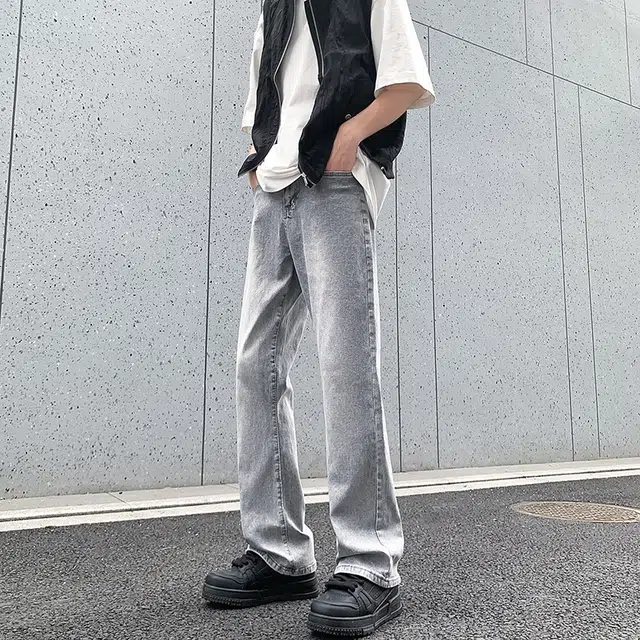 洋气先生 美式高街复古水洗做旧微喇中腰直筒弹力柔软亲肤平整抗皱纯色基础款垂坠感宽松百搭休闲日常出行运动穿搭长款牛仔裤 男女同款