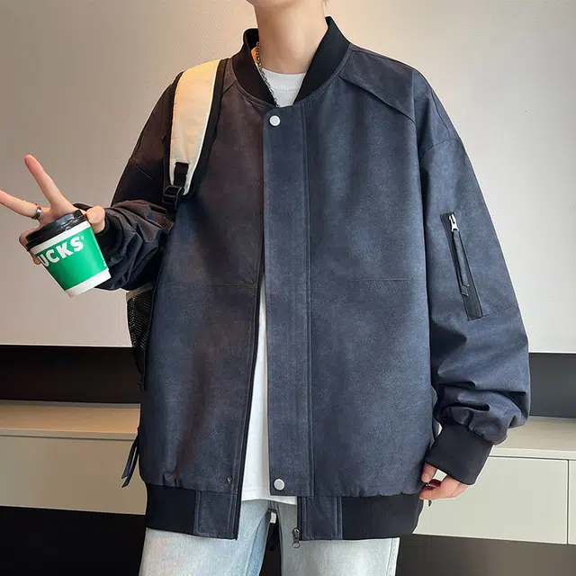 洋气先生 洋气美式痞帅学院风棒球服扎染设计少年感高颜值纯色拉链长袖休闲舒适耐磨防风保暖日常通勤简约百搭加绒外套夹克 男女同款