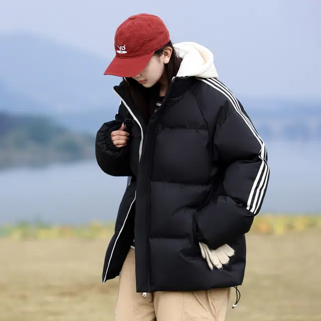 洋气先生 洋气潮牌美式高街简约纯色基础撞色拼接痞帅防风无性别主义保暖抗寒舒适柔软宽松面包连帽户外通勤拉链长袖外套棉服 男女同款