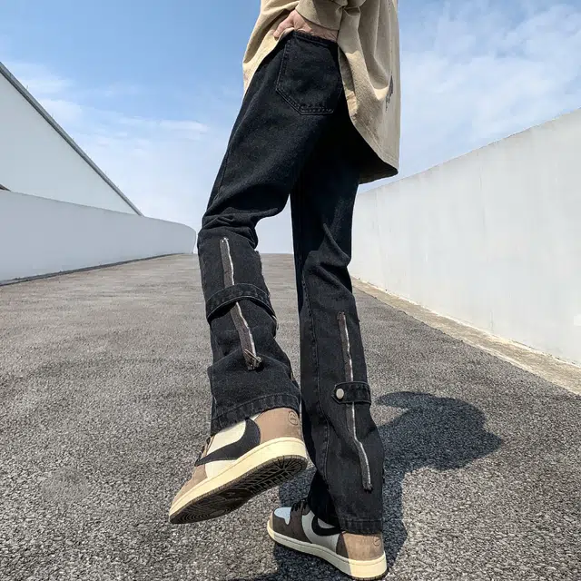 洋气先生 美式复古高街潮牌重水洗纯色拼接拉链装饰小众设计高级感中腰微喇弯刀百搭宽松痞帅潮酷嘻哈街头牛仔裤 男女同款