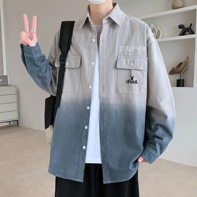 洋气先生 美式复古高街时尚潮流百搭学院风拼色翻领日常通勤休闲皆可简约基础款潮牌透气舒适柔软慵懒氛围感渐变上衣衬衫 男女同款