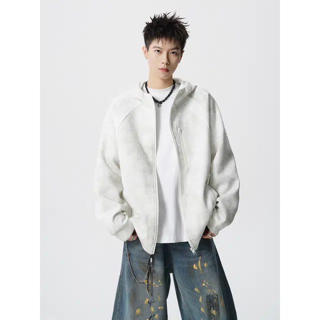 洋气先生 美式复古简约时尚百搭扎染小众高级感潮流帅气日常通勤运动健身休闲宽松防风防水保暖耐磨情侣连帽外套夹克 男女同款